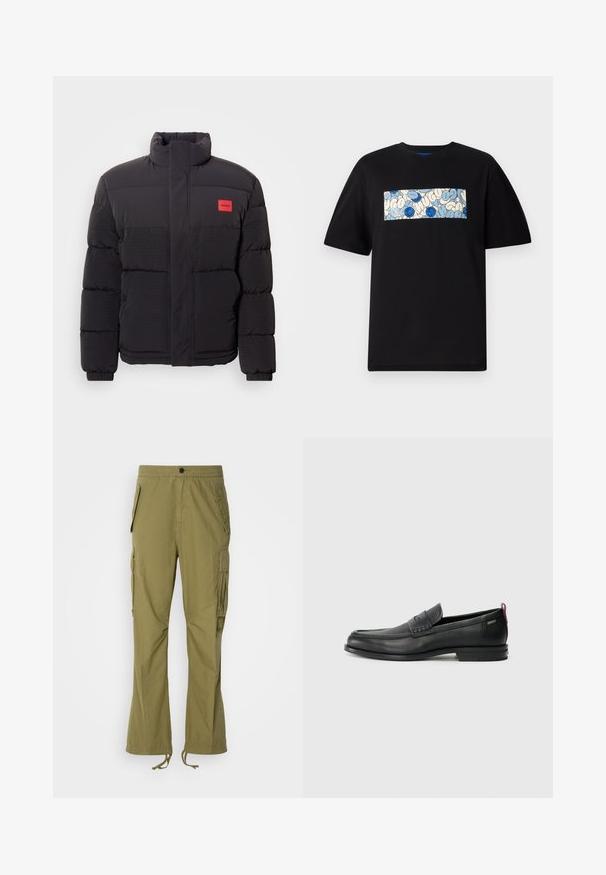 Schwarze Pufferjacke mit hohem Kragen, Fronttaschen und rotem "HUGO"-Logopatch auf der linken Brust.; Schwarzes Baumwoll-T-Shirt mit einem rechteckigen grafischen Design in Blau und Creme, verziert mit kreisförmigen Mustern und Kritzeleien, gestaltet für einen lässigen Schnitt.; Olivgrüne Cargo-Hosen mit elastischem Bund, Seitentaschen und verstellbaren Kordeln an den Bündchen. Leichter Stoff mit glatter Textur.; Schwarze Lederloafers mit einem strukturierten Vorderteil und glatten Seiten. Sie verfügen über einen schmalen Absatz und eine Schlaufe an der Rückseite für einfaches Anziehen. Klassisches Design.
