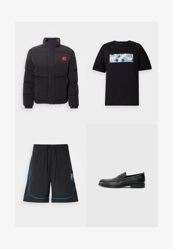 Czarna kurtka puchowa z wysokim kołnierzem, przednimi kieszeniami i czerwoną naszywką z logo "HUGO" na lewej piersi.; Czarny bawełniany t-shirt z prostokątną grafiką w niebieskim i kremowym kolorze, z okrągłymi wzorami i rysunkami, zaprojektowany w luźnym fasonie.; Czarne spodenki kąpielowe z troczkiem w pasie, z niebieskimi lamówkami wzdłuż szwów i logo na lewej udzie. Lekki materiał.; Czarne skórzane mokasyny z teksturowanym frontem i gładkimi bokami. Posiadają smukłą podeszwę i tylną pętelkę dla łatwego zakładania. Klasyczny design.