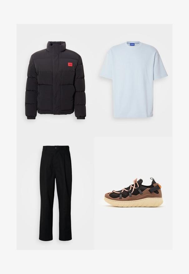 Black puffer jacket with high collar, front pockets, and red "HUGO" logo patch on left chest.; Light blue ribbed t-shirt with a crew neck and short sleeves. Features a regular fit and subtle logo accent on the hem.; Black straight-leg trousers with a buttoned waistband, belt loops, and front crease, displayed against a plain white background.; HUGO REEFLYN - Trainers - open brown
