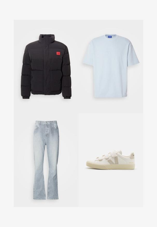 Black puffer jacket with high collar, front pockets, and red "HUGO" logo patch on left chest.; Light blue ribbed t-shirt with a crew neck and short sleeves. Features a regular fit and subtle logo accent on the hem.; Light blue striped jeans with a wide-legged cut, featuring a button closure, front pockets, and subtle fading at the hem.; White leather sneakers with Velcro straps, beige accents, rounded toe, textured rubber sole, and embossed logo. Minimalist design.