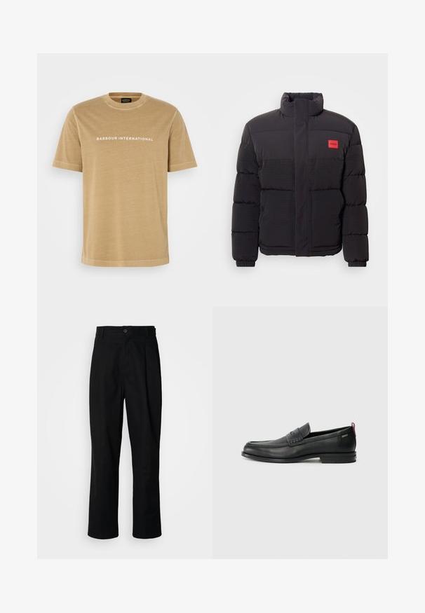 Czarna kurtka puchowa z wysokim kołnierzem, przednimi kieszeniami i czerwoną naszywką z logo "HUGO" na lewej piersi.; Beżowa bawełniana koszulka z krótkim rękawem i okrągłym dekoltem, z białym napisem "BARBOUR INTERNATIONAL" na piersi. Gładka tekstura.; Czarne spodnie o prostych nogawkach z zapięciem na guziki w pasie, szlufkami na pasek i fałdą z przodu, prezentowane na jednolitym białym tle.; Czarne skórzane mokasyny z teksturowanym frontem i gładkimi bokami. Posiadają smukłą podeszwę i tylną pętelkę dla łatwego zakładania. Klasyczny design.