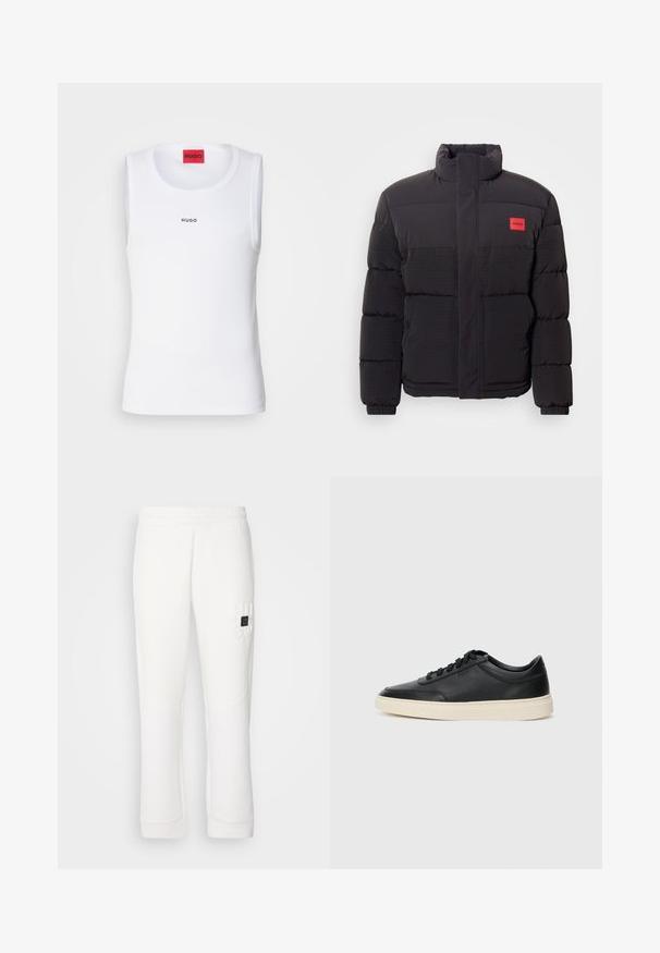 Crna jakna s patentnim zatvaračem visokog ovratnika, prednje džepove i crvenu oznaku "HUGO" na lijevoj strani prsnog koša.; Bijela majica bez rukava od rastezljivog materijala, sa okruglim izrezom i malim crnim "HUGO" logotipom na prednjoj strani.; Bijele trenirke s elastičnom trakicom, sužavajućim nogavicama, teksturiranim materijalom i urezanim "HUGO" logotipom na lijevom bedru.; Crne niske kožne tenisice s crnim vezicama i kremasto bijelom potplatom prikazane u bočnom profilu na bijeloj pozadini.