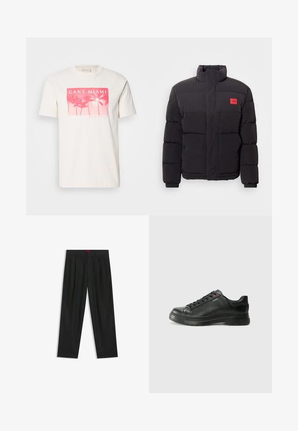 Sort puffjakke med højt krave, forlommer og rød "HUGO" logo patch på venstre bryst.; Hvid bomulds t-shirt med et pink grafisk tryk af palmer og teksten "GANT MIAMI". Kortærmet og med rund hals.; Sorte bukser med plisseret design, bred benform og en glat tekstur. Har et rødt taljetag.; Sorte lædersneakers med tekstureret overdel, polstret krave og rødt logo-detajle. Har en tyk gummisål med tydeligt mønster.