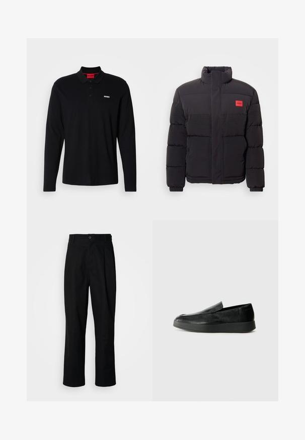 Must must, kõrge kraega, esikottidega ja vasakul rinnal punase "HUGO" logopatchiga.; Must kleitpoli, millel on pikad varrukad, musta värvi, kummist, punase kraega ja kolme nupuga, valge "HUGO" logo rinnal.; Mustad sirged püksid nuppudega vöökoht, vöölõngad ja eesmine voldik, esitatud lihtsa valge tausta ees.; Calvin Klein HYBRID CUP - Jalga libistatavad jalanõud - triple black