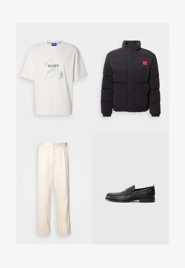 Melnā pūkainā jaka ar augstu apkakli, priekšējiem kabatām un sarkano "HUGO" logo uz kreisā krūškurvja.; Balta kokvilnas T-kreklā ar zilu un melnu druku, kurā attēlots logo, ar mākslinieciskām līniju detaļām. Apaļais kakls un īsas piedurknes.; Bežā krāsā auduma bikses ar taisnu kāju griezumu, pievienotām pogu aizdares un priekšējiem krokām papildu detaļām.; Melni ādas loafers, ar teksturētu priekšējo paneli un gludām malām. Ar šauru papēdi un aizmugurējo cilpu vieglai uzlikšanai. Klasisks dizains.