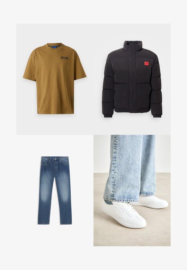 Svart dunjakke med høy krage, frontlommer, og rød "HUGO" logo-patch på venstre bryst.; Brun bomull t-skjorte med rund hals, korte ermer og en liten svart logo på venstre brystområde. Glatt tekstur.; Denim jeans med stripemønster, middels blå farge, falmede områder, rett ben-kutt, fem lommer og metallknapplukking.; Hvite sneakers med glatt materiale, snøring, teksturert gummisåle, og en teal akcent ved hælen, kombinert med lyseblå jeans.