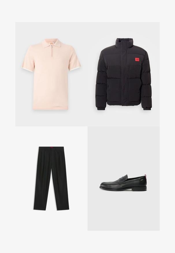 Sort puffjakke med højt krave, forlommer og rød "HUGO" logo patch på venstre bryst.; Polo-shirt i lyserød stof med kort lynlås og kontrastfarvede hvide detaljer på ærmerne og kraven.; Sorte bukser med plisseret design, bred benform og en glat tekstur. Har et rødt taljetag.; Sorte læder loafers med en tekstureret frontpanel og glatte sider. Har en slank hæl og en bageste løkke til nem påtagning. Klassisk design.