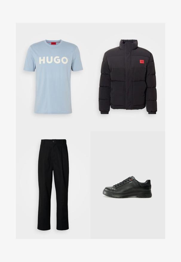 Svart puffjacka med hög krage, framfickor och röd "HUGO" logotyp patch på vänster bröst.; Ljusblå bomullströja med korta ärmar och rundad halsringning. Har tydlig vit "HUGO" text framtill, inga ytterligare mönster eller detaljer.; Svarta rakbenade byxor med knäppning i midjan, bälteshällor och framfåll, uppvisade mot en enkel vit bakgrund.; Svart lädersneaker med texturerad ovandel, vadderat krage och röd logotypdetalj. Utrustad med en tjock gummisula med distinkt mönster.