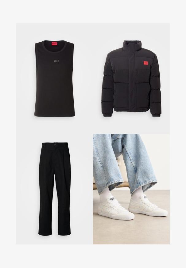 Svart dunjakke med høy krage, frontlommer, og rød "HUGO" logo-patch på venstre bryst.; Svart ermeløs T-skjorte laget av myk bomull, med rund hals og en hvit "HUGO"-logo på forsiden. Enkel og tettsittende design.; Sorte bukser med rette ben, med knappet liv, belteholdere og frontfold, vist mot en enkel hvit bakgrunn.; Hvite joggesko laget av teksturerte materialer med sømdetaljer, med snøring og en logo på tungen, brukt sammen med denimjeans.