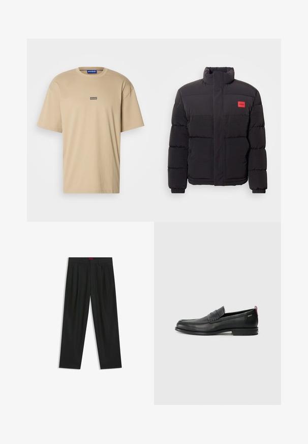Black puffer jacket with high collar, front pockets, and red "HUGO" logo patch on left chest.; HUGO NALONO - Print T-shirt - medium beige; Black trousers with a pleated design, wide leg shape, and a smooth texture. Features a red waistband tag.; Black leather loafers with a textured front panel and smooth sides. Features a slim heel and rear loop for easy wear. Classic design.