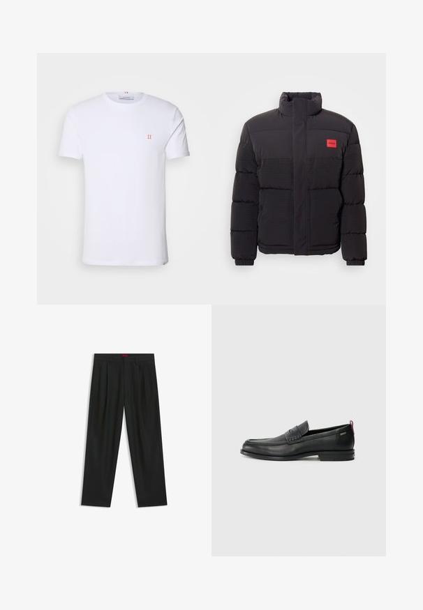 Black puffer jacket with high collar, front pockets, and red "HUGO" logo patch on left chest.; White cotton t-shirt with short sleeves, featuring a small orange "II" logo on the left chest and a crew neckline. Simple design and texture.; Black trousers with a pleated design, wide leg shape, and a smooth texture. Features a red waistband tag.; Black leather loafers with a textured front panel and smooth sides. Features a slim heel and rear loop for easy wear. Classic design.