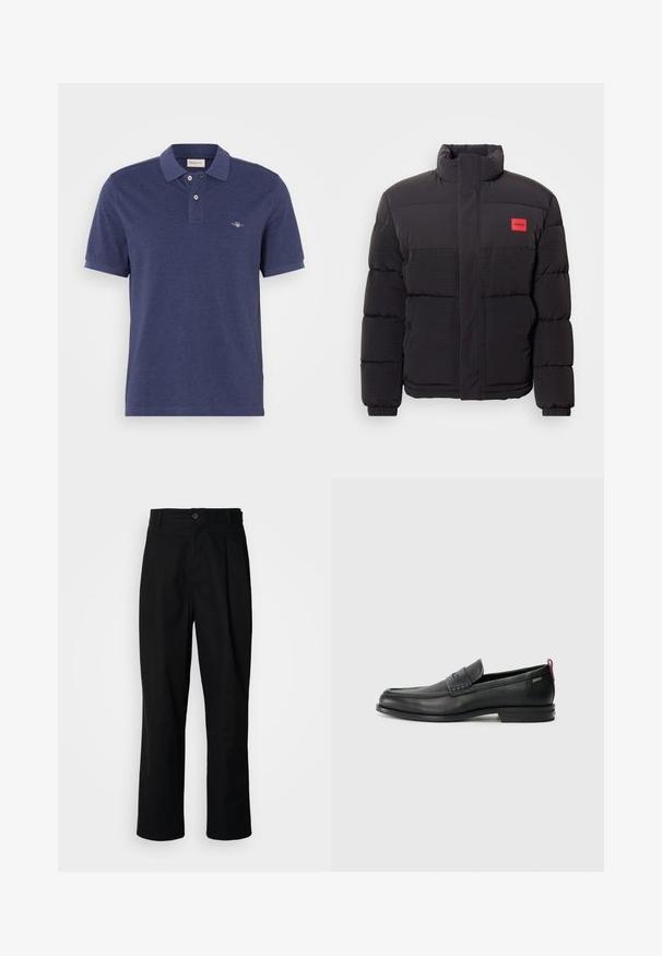 Črna puffer jakna z visokim ovratnikom, sprednjimi žepi in rdečim logotipom "HUGO" na levi prsi.; Temno modra polo majica iz bombaža, s klasičnim ovratnikom, dvema gumboma in majhnim vezenim logotipom na prsih.; Črne hlače ravnega kroja z gumbastim pasom, zanke za pas in sprednjim pregibom, prikazane na enobarvnem belem ozadju.; Črne usnjene loafer čevlje z teksturiranim sprednjim delom in gladkimi stranmi. Imajo ozko peto in zadnji zanko za enostavno obuvanje. Klasična zasnova.