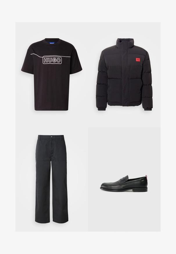 Black puffer jacket with high collar, front pockets, and red "HUGO" logo patch on left chest.; Black cotton t-shirt featuring a white outlined "HUGO" logo across the chest. Short sleeves and a round neckline. Simple, casual design.; Wide-leg trousers in dark navy cotton fabric, featuring front patch pockets and a button closure. Smooth texture with a minimalist design.; Black leather loafers with a textured front panel and smooth sides. Features a slim heel and rear loop for easy wear. Classic design.