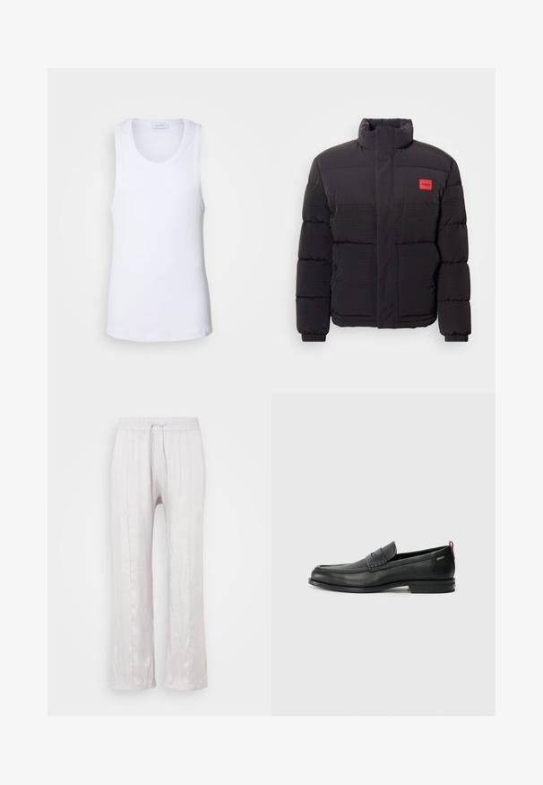 Must must, kõrge kraega, esikottidega ja vasakul rinnal punase "HUGO" logopatchiga.; Valge puuvillane tank top, millel on pehme tekstuur, ümar kaelus, varrukateta disain ja sirge alläär. Minimalistlik õmbluse detail.; Heledad hallikas, vabalt langev püksid siledast kangast, millel on elastne vöökoht ja kinnitusnöör. Sirged jalad peente voldikute ja ilma nähtavate mustriteta.; Mustad mustad nahast loafers tekstuuriga esipaneeli ja siledate külgedega. Omab peent kand ja tagumist silmust lihtsaks selga panemiseks. Klassikaline disain.