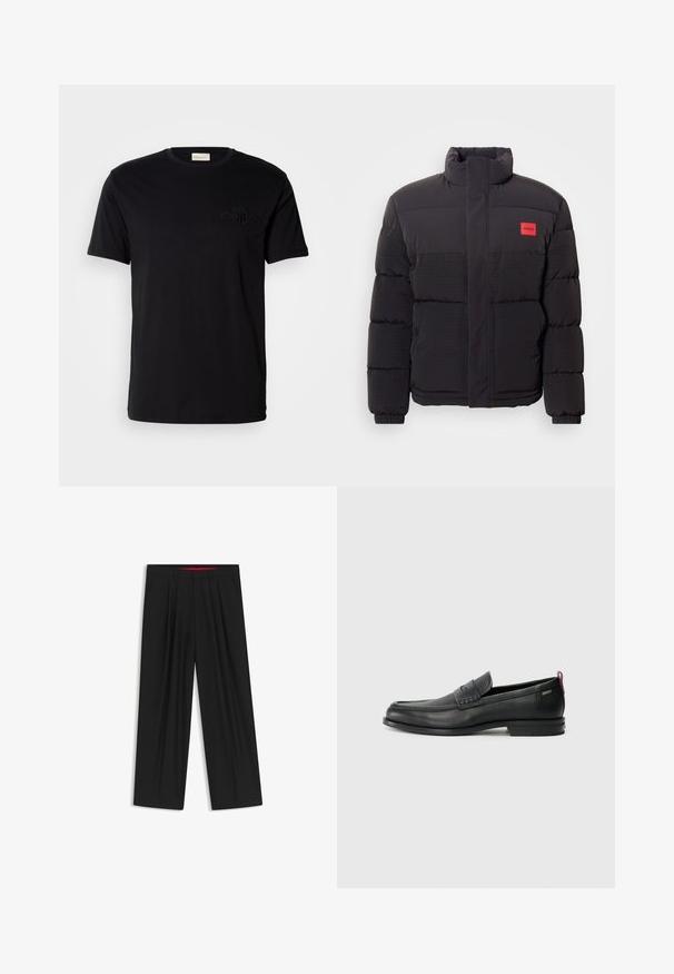 Chaqueta acolchada negra con cuello alto, bolsillos frontales y parche rojo con el logo "HUGO" en el lado izquierdo del pecho.; Camiseta de algodón negra con cuello redondo y mangas cortas, que presenta un logotipo bordado tono sobre tono en el lado izquierdo del pecho. Textura suave.; Pantalones de pierna ancha negros con parte delantera plana, dos bolsillos laterales, diseño plisado y una cinturilla interior roja en contraste.; Mocasines de cuero negro con un panel frontal texturizado y laterales lisos. Presenta un tacón delgado y un lazo trasero para facilitar su uso. Diseño clásico.