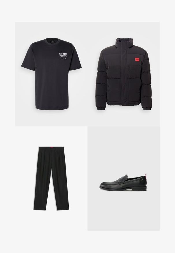 Zwarte pufferjack met hoge kraag, voorzakken en een rode "HUGO" logo patch op de linkerborst.; Zwart katoenen T-shirt met korte mouwen, ronde halslijn en een borstprint met "mnc" en contactgegevens in het wit. Klassiek pasvorm ontwerp.; Zwarte broek met een geplooid ontwerp, wijde pijpen en een zachte textuur. Voorzien van een rode taillebandlabel.; Zwarte leren instappers met een textuur aan de voorkant en gladde zijden. Voorzien van een slanke hak en een lus aan de achterkant voor gemakkelijk aan- en uittrekken. Klassiek ontwerp.