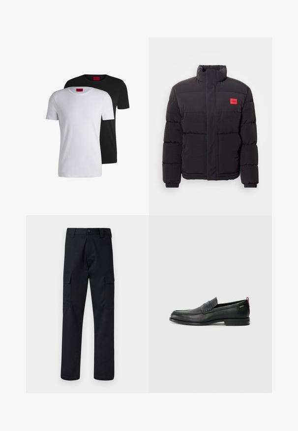 Czarna kurtka puchowa z wysokim kołnierzem, przednimi kieszeniami i czerwoną naszywką z logo "HUGO" na lewej piersi.; Dwa bawełniane t-shirty, jeden biały i jeden czarny, z krótkimi rękawami i okrągłymi dekoltami, z wyraźną czerwoną metką na kołnierzyku.; Czarne spodnie cargo wykonane z mocnego materiału, z prostym krojem nogawki, dwiema bocznymi kieszeniami i zapięciem na guzik w pasie.; Czarne skórzane mokasyny z teksturowanym frontem i gładkimi bokami. Posiadają smukłą podeszwę i tylną pętelkę dla łatwego zakładania. Klasyczny design.