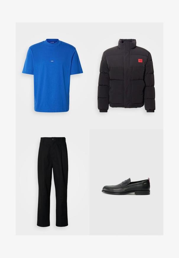 Black puffer jacket with high collar, front pockets, and red "HUGO" logo patch on left chest.; Blue cotton T-shirt featuring short sleeves, a crew neck, and a small logo patch on the chest. Smooth texture with a relaxed fit.; Black straight-leg trousers with a buttoned waistband, belt loops, and front crease, displayed against a plain white background.; Black leather loafers with a textured front panel and smooth sides. Features a slim heel and rear loop for easy wear. Classic design.