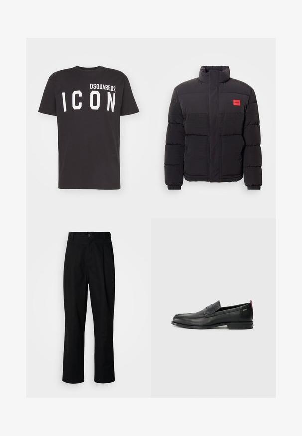 Crna jakna s patentnim zatvaračem visokog ovratnika, prednje džepove i crvenu oznaku "HUGO" na lijevoj strani prsnog koša.; Crni pamučni T-shirt s okruglim izrezom i kratkim rukavima, na prednjoj strani s natpisom "DSQUARED2 ICON" ispisanim podebljanim bijelim slovima.; Crne hlače ravnog kroja s pojasom na dugmad, špicevima za remen i prednjim pregibom, prikazane na čisto bijeloj pozadini.; Crne kožne loafere s teksturiranim prednjim panelom i glatkim stranama. Imaju uski petu i stražnju petlju za lakše obuvanje. Klasičan dizajn.