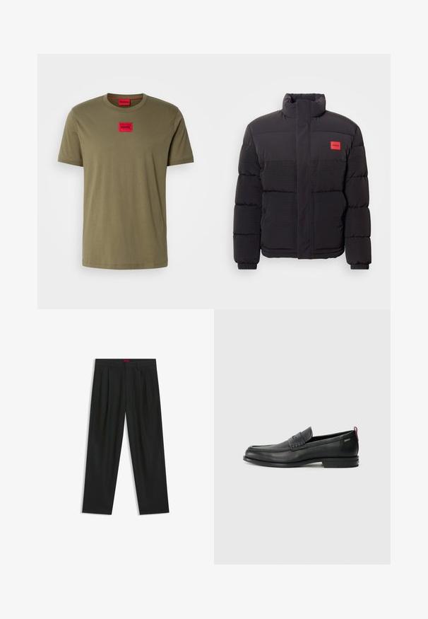 Black puffer jacket with high collar, front pockets, and red "HUGO" logo patch on left chest.; Olive green cotton t-shirt with a round neckline, short sleeves, and a red square logo patch on the chest. Smooth texture.; Black trousers with a pleated design, wide leg shape, and a smooth texture. Features a red waistband tag.; Black leather loafers with a textured front panel and smooth sides. Features a slim heel and rear loop for easy wear. Classic design.