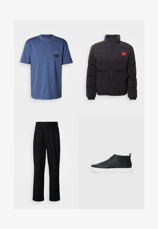 Svart puffjacka med hög krage, framfickor och röd "HUGO" logotyp patch på vänster bröst.; Blå kortärmad T-shirt i mjuk bomull, med en fyrkantig ficka och en mörkblå logotyp. Klassisk rundhalsdesign.; Svarta rakbenade byxor med knäppning i midjan, bälteshällor och framfåll, uppvisade mot en enkel vit bakgrund.; Svarta läderhögsneakers med en slät yta, vit gummisula och enkel snörning. Har en dragflik på baksidan.