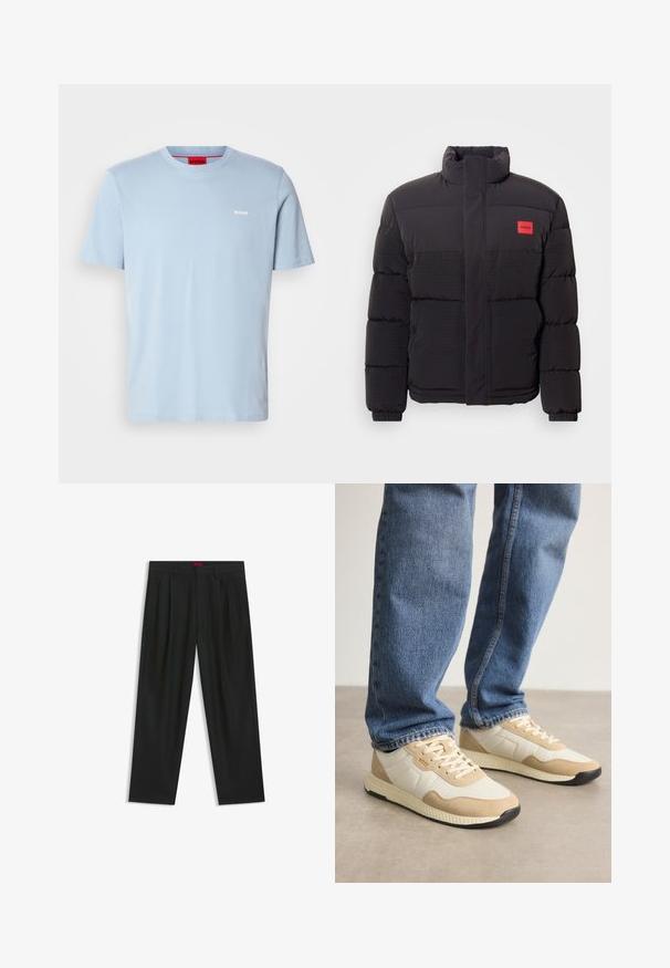 Black puffer jacket with high collar, front pockets, and red "HUGO" logo patch on left chest.; Light blue cotton T-shirt with a crew neckline and short sleeves. Features a white logo "HUGO" on the chest and a red inner tag.; Black trousers with a pleated design, wide leg shape, and a smooth texture. Features a red waistband tag.; Beige and cream sneakers with suede and mesh materials, featuring a textured sole and tonal accents, paired with blue denim jeans.