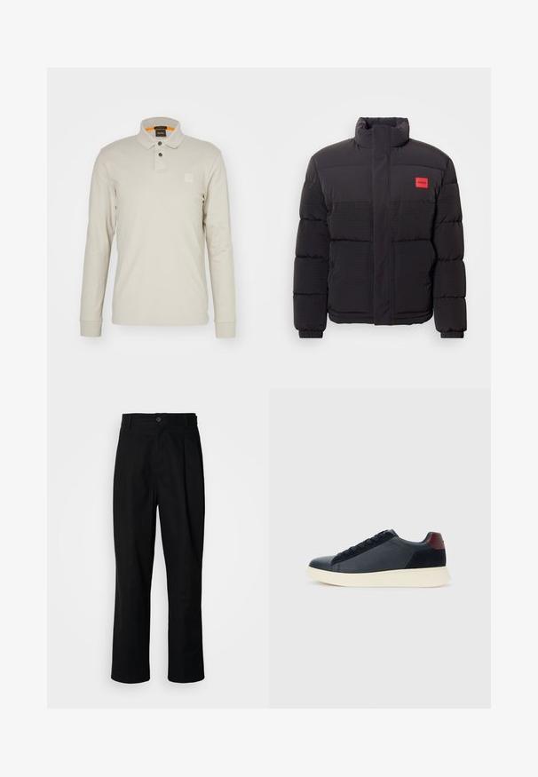 Crna jakna s patentnim zatvaračem visokog ovratnika, prednje džepove i crvenu oznaku "HUGO" na lijevoj strani prsnog koša.; Polo majica dugih rukava u svijetlosmeđem pamuku. Dolazi s ovratnikom, dva gumba i malim, utisnutim logotipom na prsima. Narančasti unutarnji ovratnik.; Crne hlače ravnog kroja s pojasom na dugmad, špicevima za remen i prednjim pregibom, prikazane na čisto bijeloj pozadini.; Niske muške tenisice od crne kože i antilopa s bordo petnom oznakom i bijelim gumenim potplatom, prikazane s vanjske strane.
