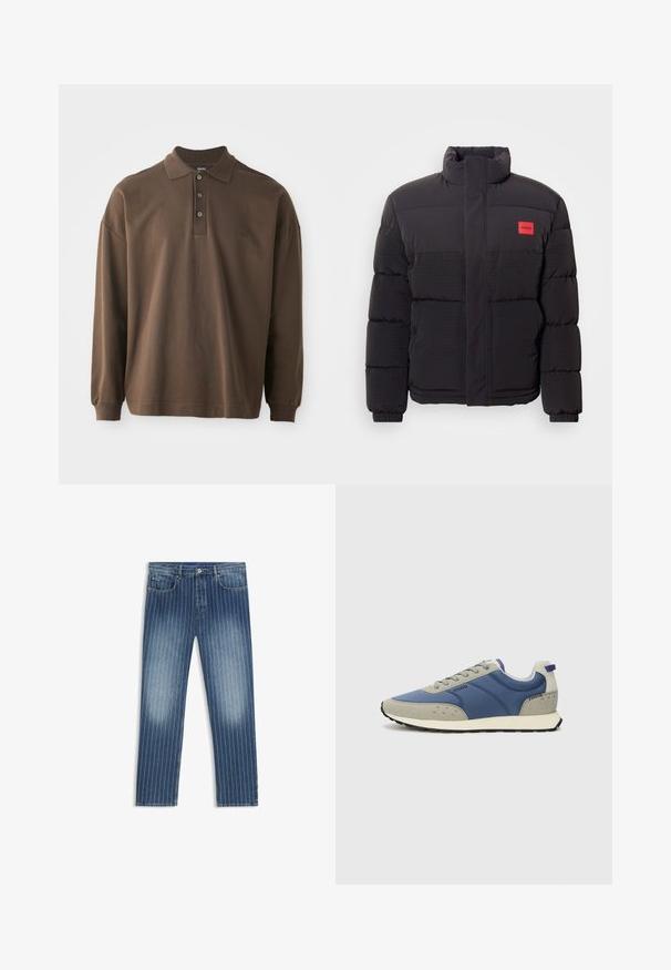 Jachetă pufoasă neagră cu guler înalt, buzunare frontale și patch cu logo roșu "HUGO" pe pieptul stâng.; Cămașă polo lungă, de culoare maro, cu guler, trei butoane și manșete cu dantelă. Confecționată din bumbac moale, cu un croi lejer.; Jeanși din denim cu un model cu dungi fine, culoare albastru mediu, zone decolorate, croială dreaptă, cinci buzunare și închidere cu buton metalic.; Adidași sport cu un superior sintetic bleu, cu accente gri, detalii texturate, închidere cu șireturi și o talpă din cauciuc negru.