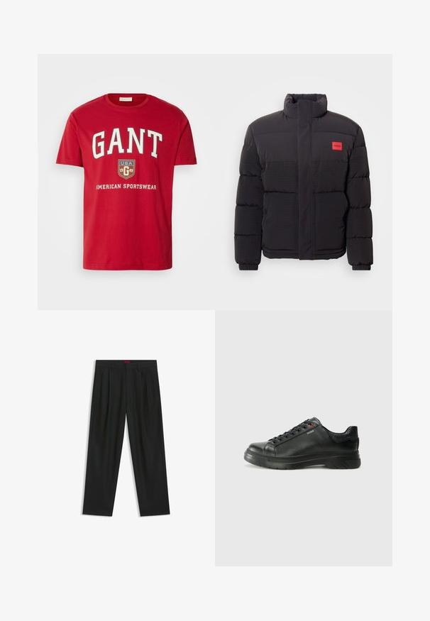 Sort puffjakke med højt krave, forlommer og rød "HUGO" logo patch på venstre bryst.; Rød bomulds t-shirt med fed hvid "GANT" logo, et skjold med "USA 1949" og teksten "AMERICAN SPORTSWEAR" nedenunder. Klassisk crew neck design.; Sorte bukser med plisseret design, bred benform og en glat tekstur. Har et rødt taljetag.; Sorte lædersneakers med tekstureret overdel, polstret krave og rødt logo-detajle. Har en tyk gummisål med tydeligt mønster.