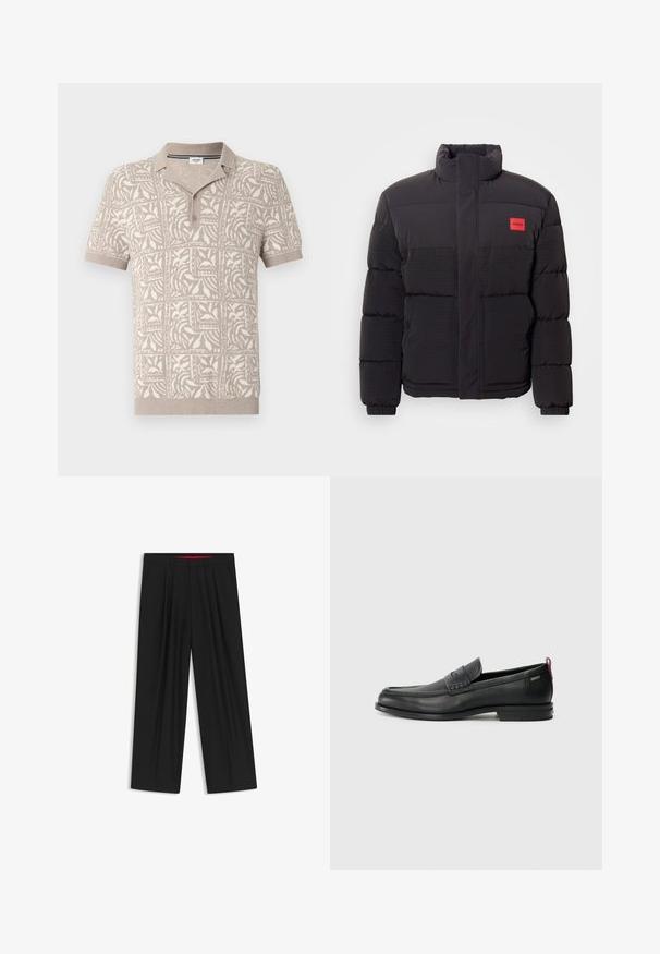 Black puffer jacket with high collar, front pockets, and red "HUGO" logo patch on left chest.; Beige short-sleeve polo shirt with a textured, patterned design, featuring a buttoned collar and soft knit fabric with subtle floral motifs.; Black wide-leg trousers with a flat front, two side pockets, pleated design, and a contrasting red interior waistband.; Black leather loafers with a textured front panel and smooth sides. Features a slim heel and rear loop for easy wear. Classic design.