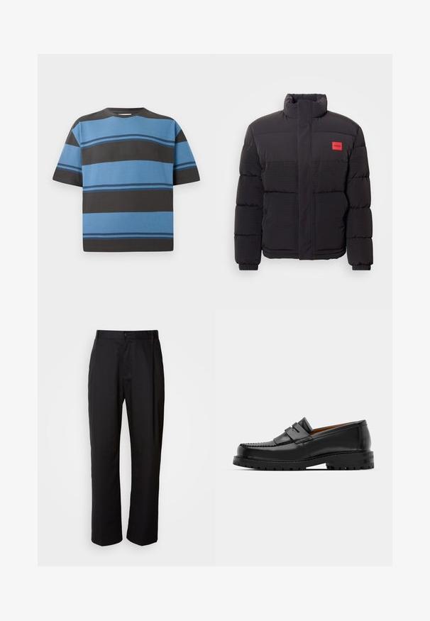 Black puffer jacket with high collar, front pockets, and red "HUGO" logo patch on left chest.; Short-sleeve T-shirt in cotton with horizontal stripes in shades of blue and dark gray. Features a crew neck and relaxed fit.; Black trousers with a straight cut, made of lightweight fabric. Features a front button closure and two side pockets; smooth texture.; Black leather loafers feature a raised seam, two decorative straps on the upper, and a thick textured sole for added grip.