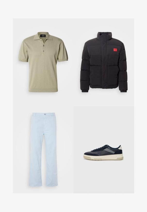 Fekete puffermellény magas gallérral, elülső zsebekkel és piros "HUGO" logóval a bal mellrészen.; Rövid ujjú polo póló világos olajzöld kötött anyagból, lapos gallérral, három gombos patenttal és bordázott szegéllyel.; Világoskék pamut nadrág, egyenes szabással, elülső gombos záródással és oldalsó zsebekkel. Simább textúra és minimális varrási részletek.; BOSS BALTIMORE - Sportcipő - open blue