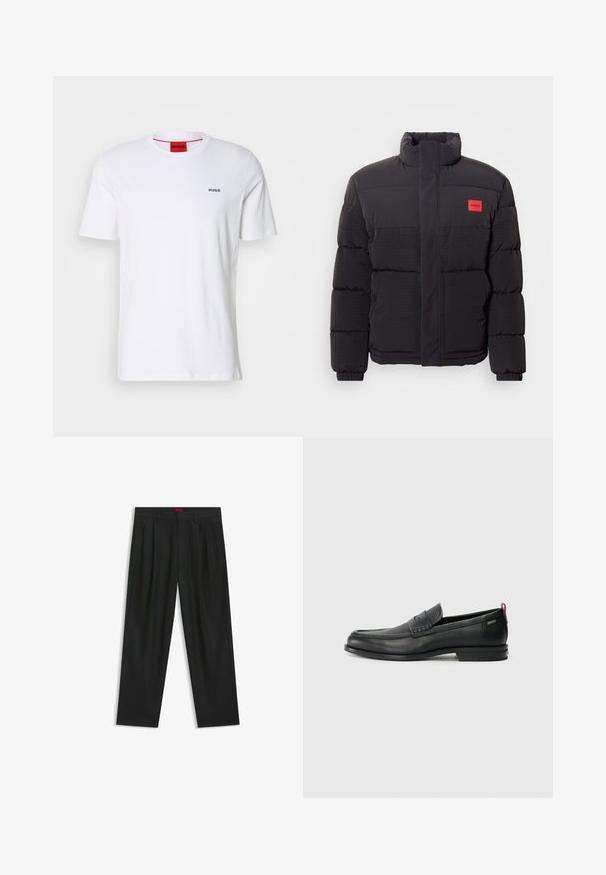 Chaqueta acolchada negra con cuello alto, bolsillos frontales y parche rojo con el logo "HUGO" en el lado izquierdo del pecho.; Camiseta de algodón blanca de mangas cortas, con un escote redondo y pequeño logo negro "HUGO" en el lado izquierdo del pecho. Presenta una etiqueta en el cuello interior de color rojo.; Pantalones negros con diseño plisado, forma de pierna ancha y textura suave. Presenta una etiqueta de cintura roja.; Mocasines de cuero negro con un panel frontal texturizado y laterales lisos. Presenta un tacón delgado y un lazo trasero para facilitar su uso. Diseño clásico.
