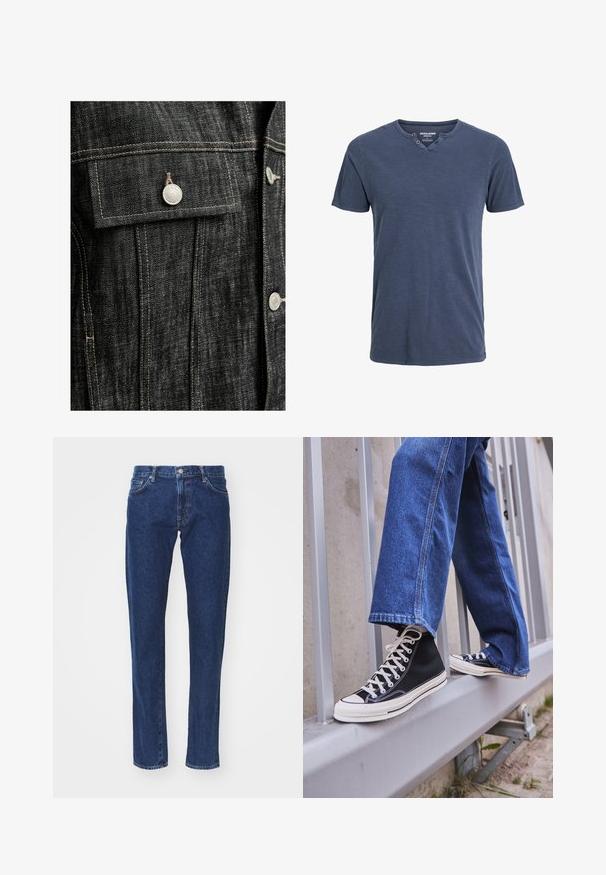 Melnā džinsa jakā ir sudraba aparatūra, kontrastējoša bēša diegi, krūšu kabata ar vāku un strukturēta piegriezuma forma.; Tums zila īsām piedurknēm T-krekls, kas izgatavots no mīksta auduma, ar V-veida kaklu un divām pogām vienā pusē, kā arī brīvu piegriezumu.; Tumši zili džinsi ar taisnu kāju griezumu, piecu kabatu dizainu, metāla pogas aizdari un gaišiem šuvumiem.; Melnas augstas kedas ar baltu zoli un auklām, apvienotas ar brīvām zilām džinsām, atpūšoties uz pelēka margotā balsta.