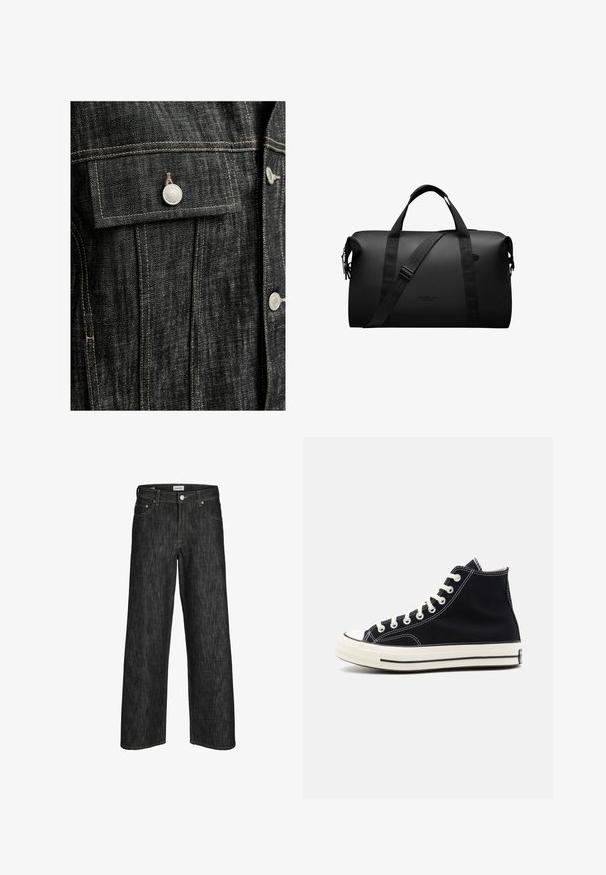 Giacca in denim nera con hardware argento, cuciture beige a contrasto, tasca sul petto con patta e vestibilità strutturata.; T-shirt a maniche corte blu navy realizzato in un tessuto morbido, con scollatura a V e due bottoni decorativi su un lato, dal taglio rilassato.; Jeans in denim nero a gamba larga con cuciture gialle a contrasto, design a cinque tasche e chiusura con bottone in vita. Texture del materiale resistente.; Sneaker alte in tela nera con lacci bianchi, punta in gomma e suola bianca a contrasto con strisce nere lungo il bordo.; Borsa da viaggio nera in materiale resistente; dotata di doppie maniglie e una tracolla regolabile; design minimalista con dettaglio del logo.