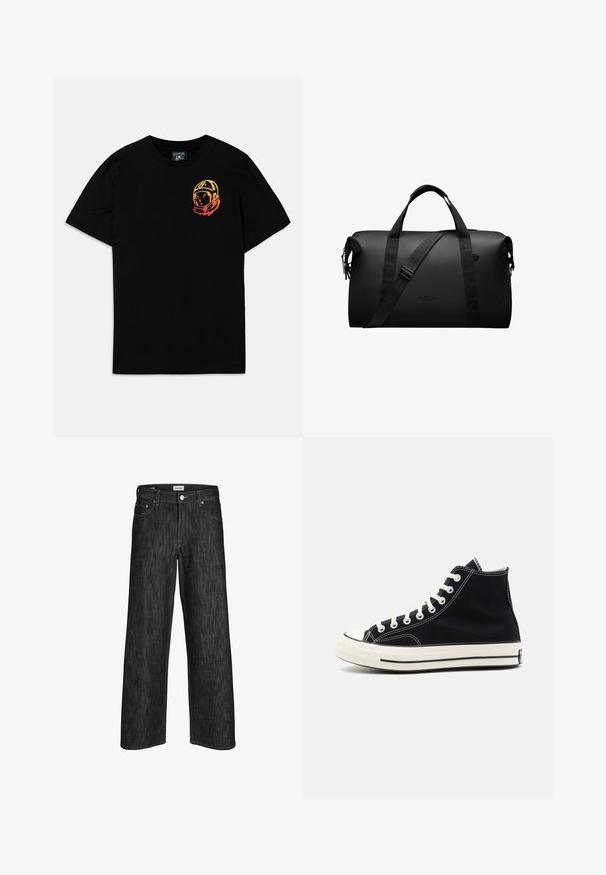 Veste en denim noire avec quincaillerie en argent, surpiqûres beiges contrastantes, une poche poitrine avec rabat, et une coupe structurée.; T-shirt en coton noir avec un graphique coloré d'astronaute sur la poitrine gauche. Col rond classique et manches courtes. Texture douce.; Jean en denim noir à jambes larges avec des coutures jaunes contrastantes, design à cinq poches et fermeture à bouton à la taille. Texture de matériel durable.; Baskets montantes en toile noire avec des lacets blancs, embout en caoutchouc et semelle blanche contrastante avec des rayures noires le long du bord.; Sac de sport noir en matériau durable ; doté de doubles poignées et d'une bandoulière ajustable ; design minimaliste avec un détail de logo.