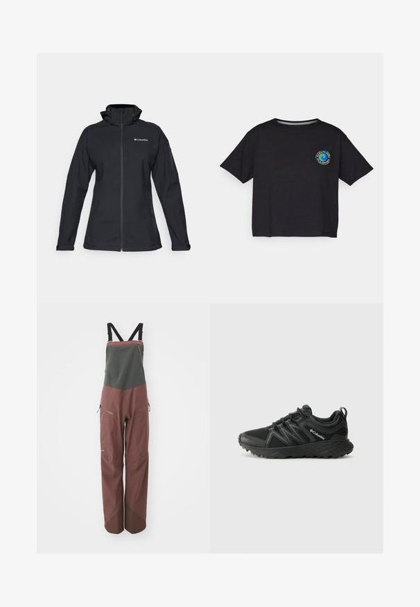 Zwarte softshell jas met een hoge kraag, volledige ritsluiting, ritszakken aan de zijkant en logo-accent op de borst. Structuurstof, aansluitend ontwerp.; Zwart katoenen T-shirt met korte mouwen en een ronde, multicolor logo op de borst. Rechte zoom en een relaxte pasvorm.; Patagonia SNOWDRIFTER BIBS - Skibroek - dulse mauve; Columbia PEAKFREAK - Outdoorschoenen - black