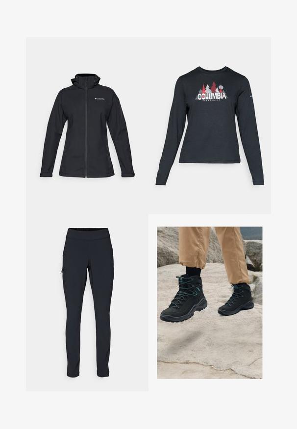 Veste softshell noire avec un col montant, fermeture éclair intégrale, poches latérales zippées et accent de logo sur la poitrine. Tissu texturé, design ajusté.; Chemise à manches longues gris foncé avec un motif d'arbres rouges et de montagnes ; logo "COLUMBIA" en lettres blanches en gras. Tissu doux, col rond standard.; Pantalons de sport noirs à coupe ajustée, avec une taille élastique et une poche latérale zippée. Tissu lisse et extensible avec des coutures minimales.; Bottes de randonnée noires avec un matériau texturé, un design robuste, des détails en bleu et des semelles durables, posées sur un terrain rocheux.