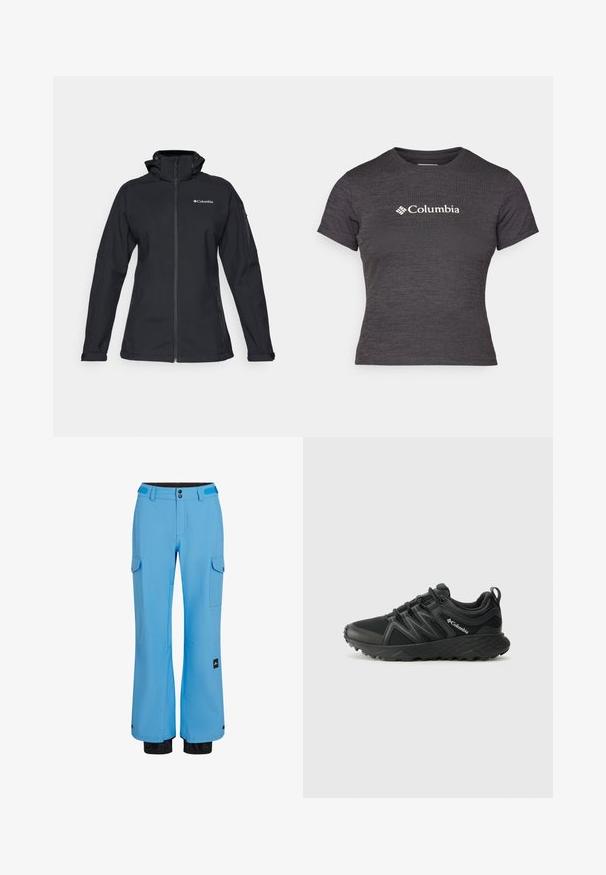 Melnā mīkstā jakā ar augstu apkakli, pilnu rāvējslēdzēju, sānu kabatām ar rāvējslēdzējiem un logo akcentu uz krūšu daļas. Strukturēta auduma, pieguļošs dizains.; Tumši pelēks īsām piedurknēm T-krekls, izgatavots no teksturētas auduma, ar apaļu kaklu, ar baltu Columbia logo krūtīs.; Zilas slēpošanas bikses ar taisnu dizainu, izgatavotas no ūdensnecaurlaidīga materiāla. Aprīkotas ar kabatām un elastīgajiem piedurknēm ar melniem akcentiem.; Columbia PEAKFREAK - Pārgājienu apavi - black