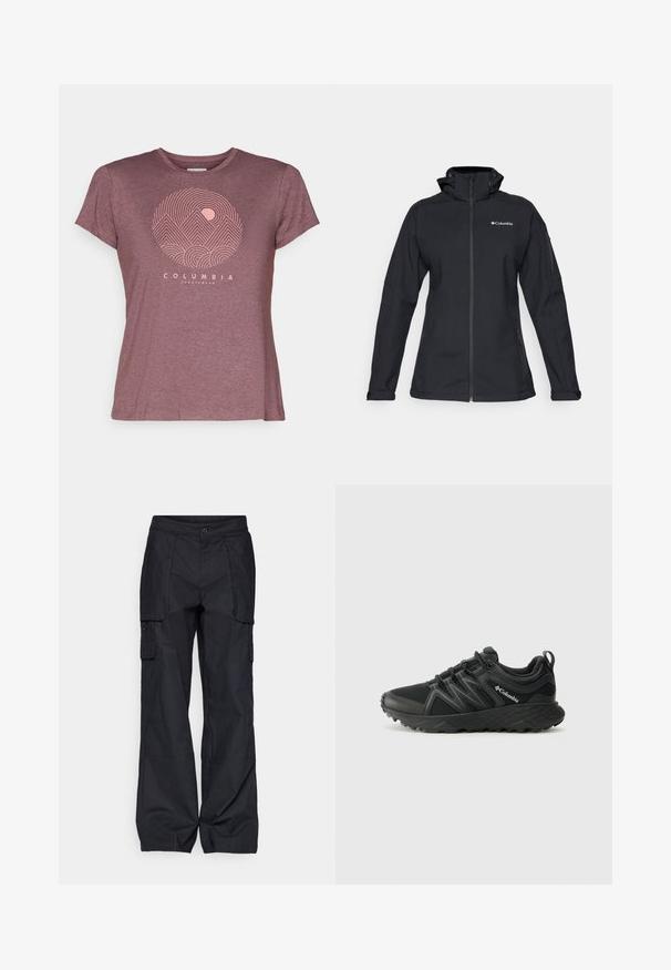 Schwarze Softshelljacke mit hohem Kragen, durchgehendem Reißverschluss, seitlichen Reißverschlusstaschen und Logo-Akzent auf der Brust. Texturiert, taillierte Passform.; Bordeaux farbenes T-Shirt mit kurzen Ärmeln aus weichem Material, das eine kreisförmige Grafik von Bergen und einer Sonne in hellem Rosa zeigt. Markenlogo am unteren Rand.; Columbia BREA FALLS™ COTTON RIPSTOP PANT - Outdoor-Hose - black; Columbia PEAKFREAK - Hikingschuh - black