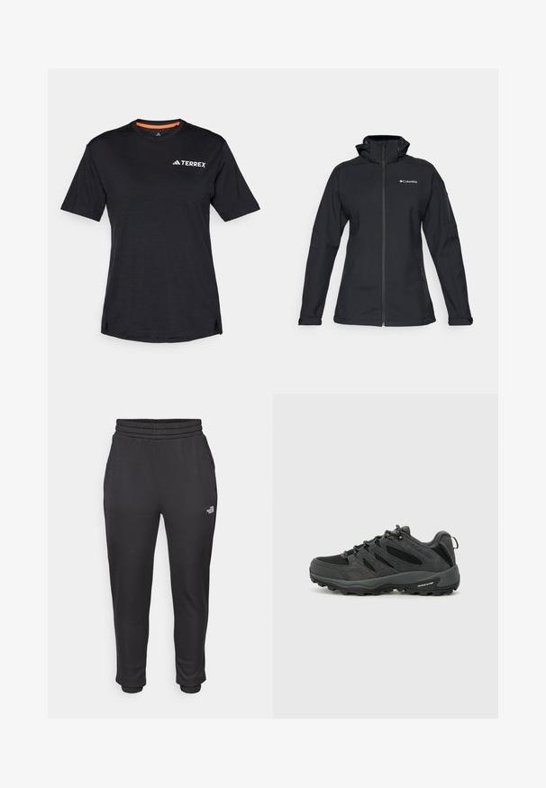 Μαύρο μπουφάν softshell με ψηλό γιακά, πλήρη κλείσιμο με φερμουάρ, τσέπες στο πλάι με φερμουάρ και λογότυπο στη θήκη. Υφασμάτινη υφή, εφαρμοστό σχέδιο.; Μαύρο κοντομάνικο T-shirt με στρογγυλή λαιμόκοψη, που διαθέτει μια λεπτή υφή μιγμάτων και λευκό λογότυπο "TERREX" στην επάνω αριστερή πλευρά.; Μαύρες φόρμες με ελαστική μέση και μανσέτες, φτιαγμένες από μαλακό ύφασμα, με πλευρικές τσέπες και λογότυπο στο αριστερό μηρό.; Columbia REDMOND - Παπούτσια πεζοπορίας - black/citron haze