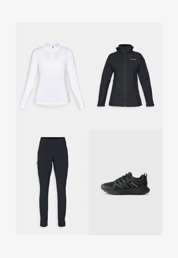 Musta pehmeäkuorijakku korkealla kauluksella, täysin vetoketjukiinnityksellä, vetoketjullisilla sivutaskuilla ja logokiinnityksellä rinnassa. Rakenteellinen kangas, istuva malli.; Pitkähihaisen valkoisen urheilupaidan, jossa on vetoketjukaulus. Tämä vaate on saumaton muotoilultaan ja istuu hyvin, mikä tekee siitä sopivan ulkoilma-aktiviteetteihin.; Musta urheiluhousut slim fit -mallilla, joustavalla vyötärönauhalla ja sivutaskulla, jossa on vetoketju. Sujuva, venyvä kangas, jossa on minimaalinen sauma.; Columbia PEAKFREAK - Vaelluskengät - black