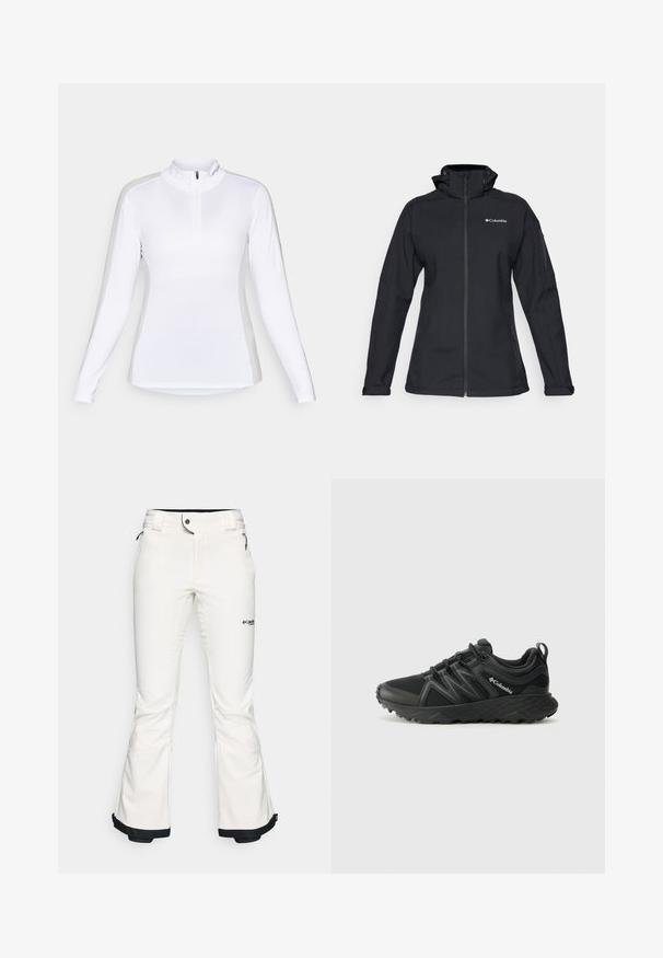 Schwarze Softshelljacke mit hohem Kragen, durchgehendem Reißverschluss, seitlichen Reißverschlusstaschen und Logo-Akzent auf der Brust. Texturiert, taillierte Passform.; Langärmliges weißes Sportshirt mit einem Reißverschlusskragen. Verfügt über ein nahtloses Design und eine eng anliegende Passform, geeignet für Outdoor-Aktivitäten.; Weiße Skihosen aus weichem, flexiblem Material. Mit einer taillierten Taille, weiten, ausgestellten Beinen und schwarzem Abschluss an den Säumen. Markenlogo sichtbar.; Columbia PEAKFREAK - Hikingschuh - black
