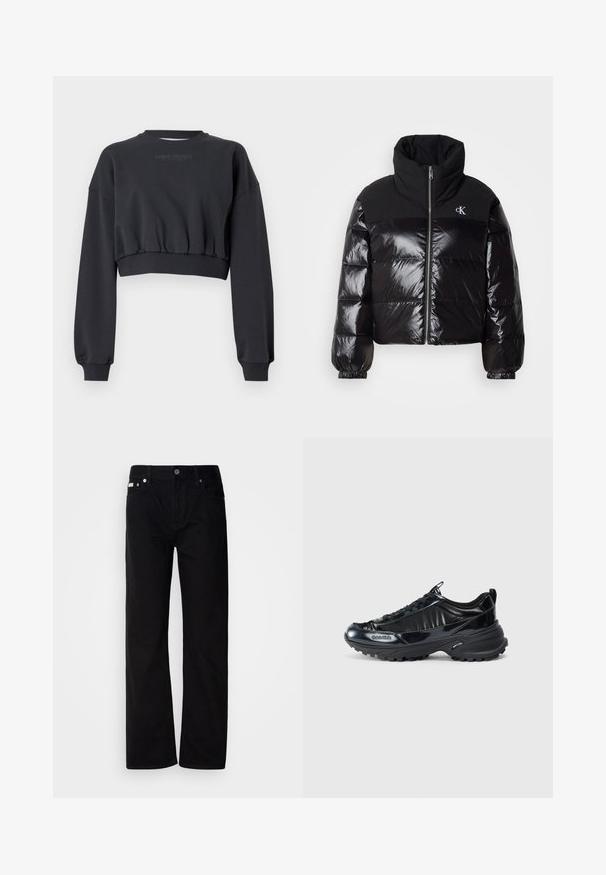 Casaco puffer preto com acabamento brilhante, gola alta e fecho robusto. Apresenta punhos canelados e um logotipo no lado superior esquerdo.; Sweater cropped preto com decote e punhos canelados. Texto "CARLO COLUCCI" impresso de forma subtil em cinza. Textura suave, mangas com corte solto.; Calças de ganga pretas de perna reta com cinco bolsos, rebites prateados e fecho de botão. O tecido tem um acabamento suave e ligeiramente texturizado.; Sapatilhas pretas brilhantes com um design superior curvado, sola de borracha texturizada e fecho de atacadores. Apresentam uma marcação na lateral e uma alça na parte de trás.