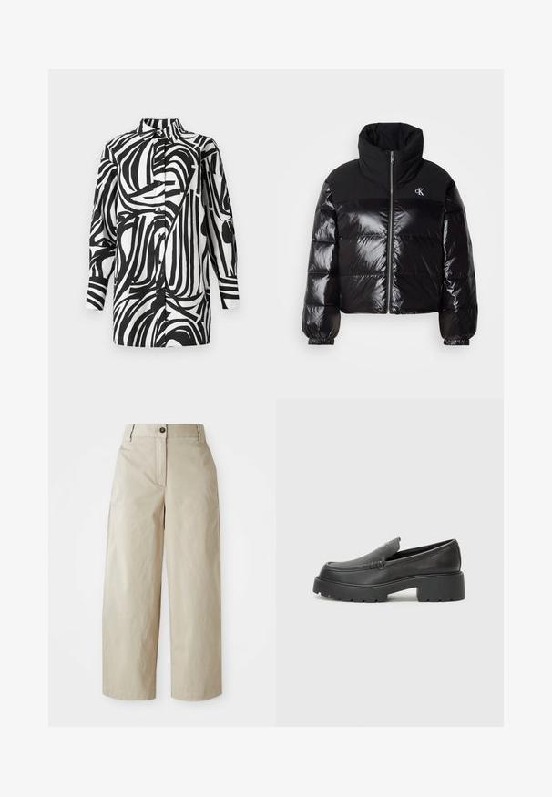 Svart dunjakke med glansfull overflate, høy krage og kraftig glidelås. Har ribbestrikkede mansjetter og en logo på øvre venstre side.; Svart og hvit skjorte med dristig, abstrakt stripet mønster; krage og knappelukking foran med lange ermer. Glatt stofftekstur.; Beige høy midje vide benbukser med knapp og glidelås, beltehemper og sidelommer, vist på en hvit bakgrunn.; Sorte skinnloafers med rund tå, tykk teksturert såle og minimale sømdetaljer. Strømlinjeformet design uten synlige snørebånd eller hardvarer.