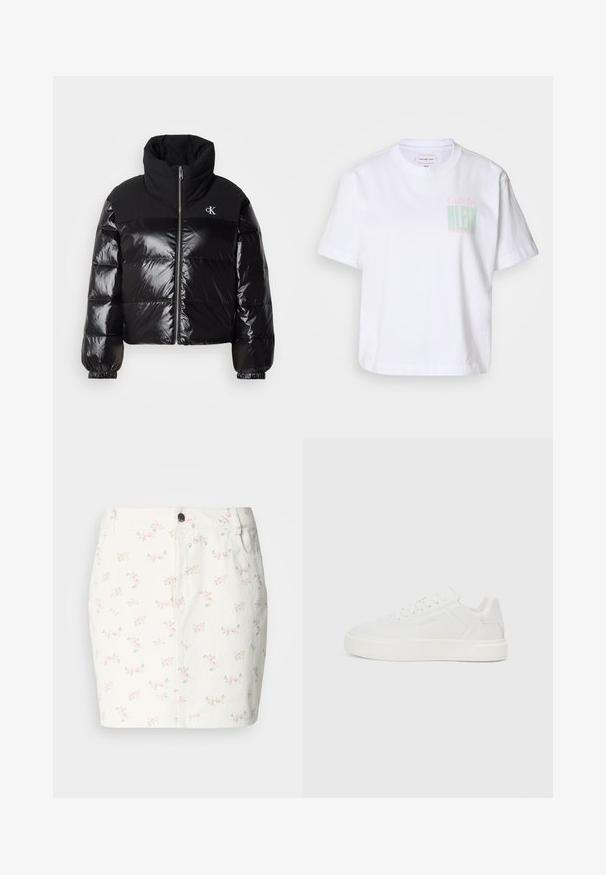 Svart puffjacka med blank yta, hög krage och kraftig dragkedja. Har ribbade muddar och en logotyp på övre vänstra sidan.; Vit bomullströja med korta ärmar och rundad krage. Har "Calvin" i rosa och "KLEIN" i grönt tryckt på framsidan.; Vitt jeanskirt med ett blommönster i rosa och grönt, med knäppning fram och sidofickor. Kort design.; Vita låga sneakers med platt sula, slät syntetisk ovandel, rund tå och tonad sömnad. Har snörning och sidologga.