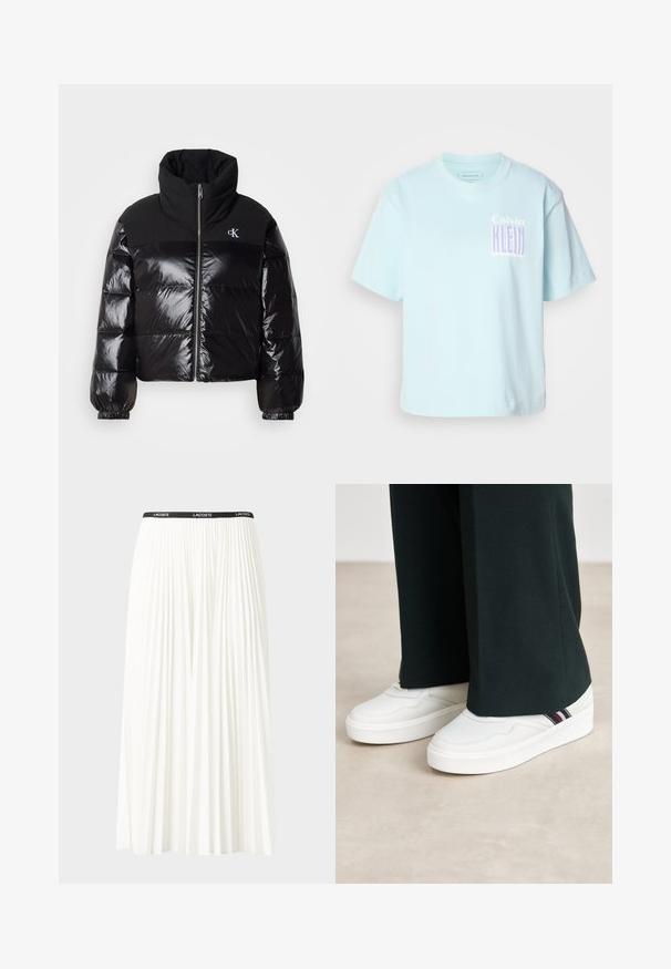 Black puffer jacket with glossy finish, high collar, and chunky zipper. Features ribbed cuffs and a logo on the upper left side.; Light blue cotton T-shirt with a crew neck and short sleeves. Features a graphic design with "Calvin Klein" in purple on the front.; Pleated white skirt with a black elastic waistband featuring the "LACOSTE" logo. Mid-length design with soft texture.; White sneakers with a textured finish, featuring a low profile, rounded toe, and a striped accent on the side. Paired with dark trousers.