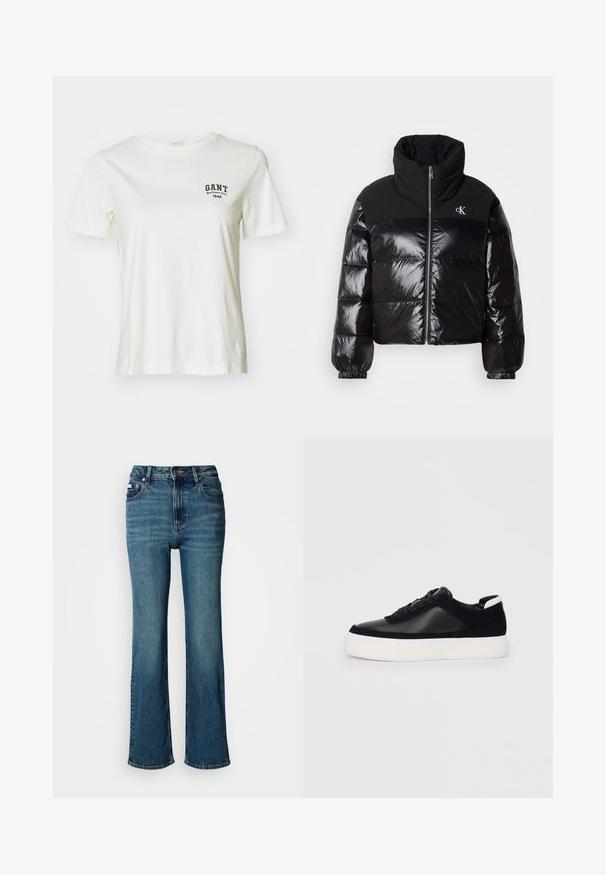 Czarna kurtka puchowa z połyskującym wykończeniem, wysoki kołnierz i gruby zamek błyskawiczny. Posiada prążkowane mankiety oraz logo w górnym lewym rogu.; GANT - T-shirt basic; Jeansy w kolorze niebieskim z wysokim stanem, wykonane z denimu, z prostym krojem nogawki, subtelnym efektem blaknięcia oraz standardowym zapięciem na guzik i zamek błyskawiczny.; Czarne sneakersy z gładkiej skóry i zamszowymi panelami, płaskimi sznurowadłami, zaokrąglonym noskiem i białą gumową podeszwą. Wyraźne logo na pięcie.