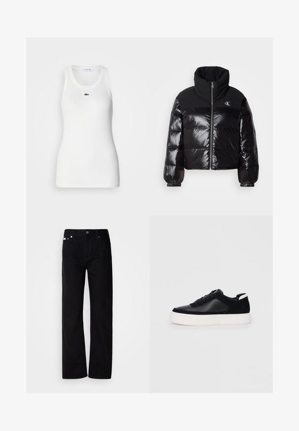 Czarna kurtka puchowa z połyskującym wykończeniem, wysoki kołnierz i gruby zamek błyskawiczny. Posiada prążkowane mankiety oraz logo w górnym lewym rogu.; Biała bezrękawnikowa koszulka z okrągłym dekoltem i prążkowaną teksturą. Posiada małe zielone logo krokodyla Lacoste na klatce piersiowej.; Czarne dżinsowe spodnie straight-leg z pięcioma kieszeniami, srebrnymi nity i zapięciem na guziki. Materiał ma gładkie, lekko teksturowane wykończenie.; Czarne sneakersy z gładkiej skóry i zamszowymi panelami, płaskimi sznurowadłami, zaokrąglonym noskiem i białą gumową podeszwą. Wyraźne logo na pięcie.