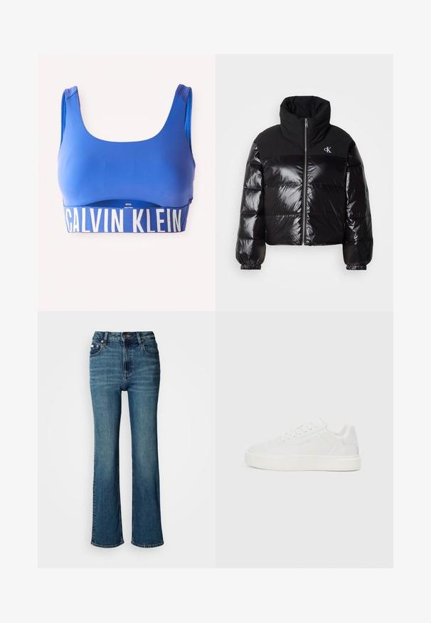 Crna puffer jakna s sjajnim završetkom, visokim ovratnikom i debelim patentnim zatvaračem. Ima žbice na rukavima i logo na gornjoj lijevoj strani.; Plavi sportski grudnjak s širokim naramenicama i velikom bijelom "Calvin Klein" logom trakom duž dna, prikazan na bijeloj pozadini.; Traperice viskog struka u plavoj boji, s ravnim nogavicama, blagim izbljeđivanjem, te standardnim dugmetom i zatvaračem.; Bijele niske tenisice s ravnim potplatom, glatkim sintetičkim gornjim dijelom, okruglim prstima i toniranim šavovima. Sadrže vezivanje čipkom i božno brendiranje.